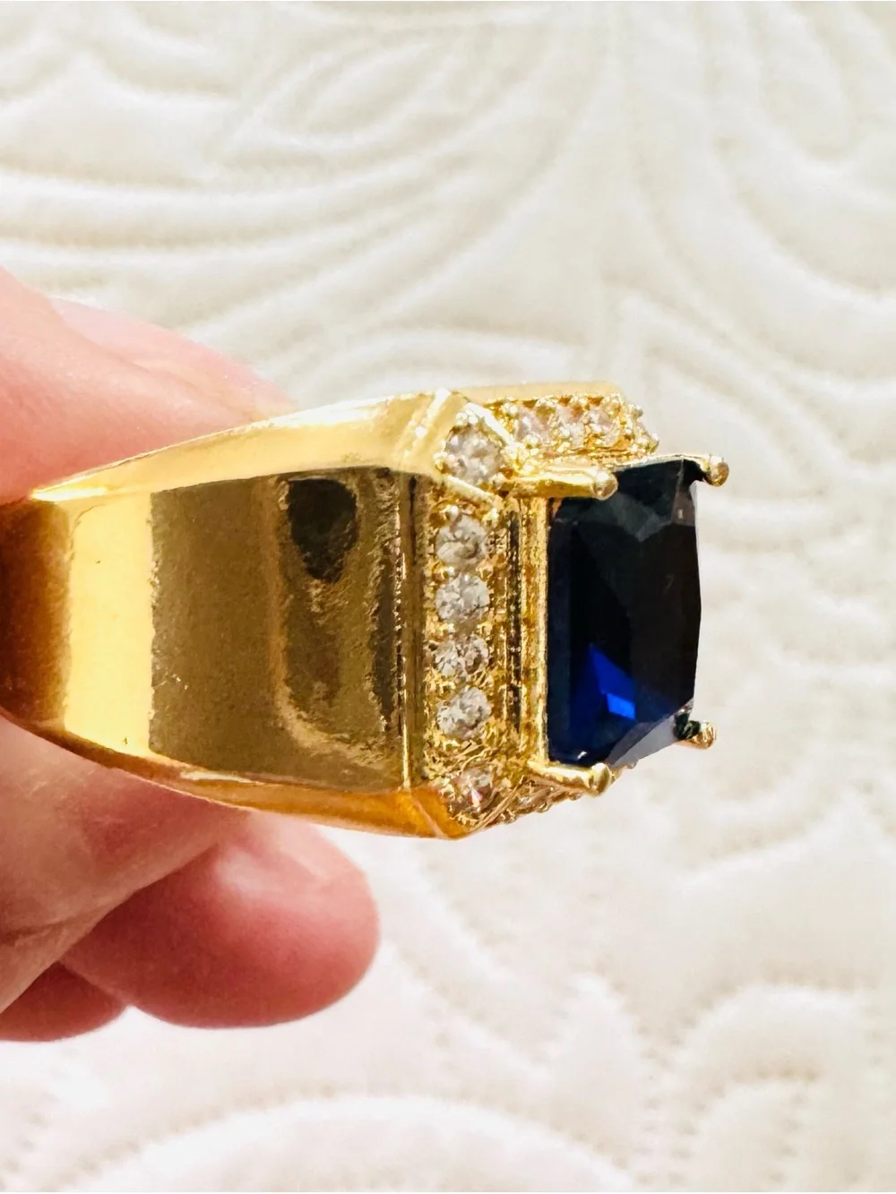 18K Gold Plated Men's Cocktail Ring with Deep Blue Center Stone.